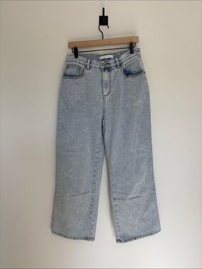 Q2 Premium Denim High Rise Relaxed Wide Crop Jeans Stretch Light Wash Medium